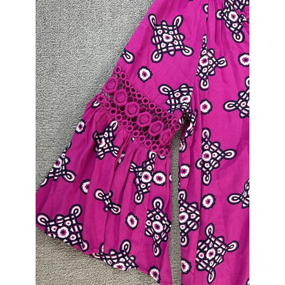 Crown & Ivy Dress Bell‎ Sleeve Crochet Magenta Navy Geometric Print Size Small